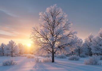 凍える朝焼けと雪の樹