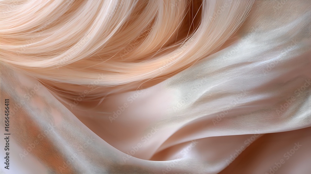 Poster soft flowing waves of peach and cream colored silk fabric create elegant abstract curves and folds w