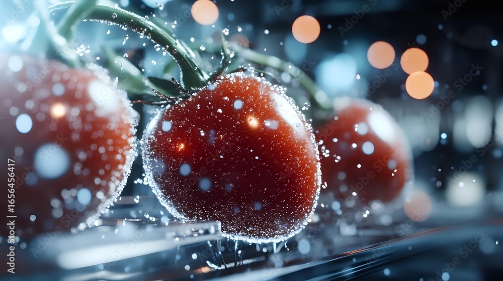Poster fresh ripe tomatoes with water drops and splashes on dark background with bokeh lights, macro photog