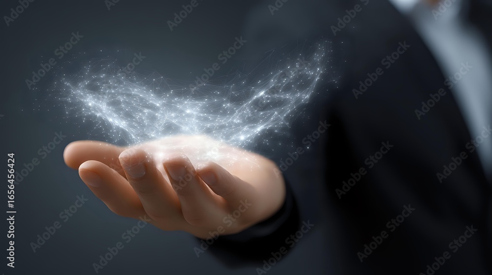 Poster glowing ethereal light particles floating above an open palm against dark background, creating magic