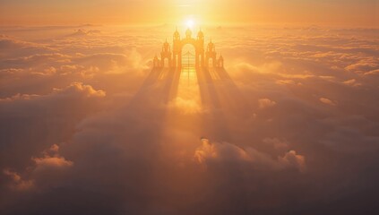 Emerging golden spired palace structure floating above dense cloud layer, with glowing sun beams