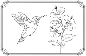 “Grace in Flight: Hummingbird and Hibiscus Line Art”