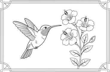 “Grace in Flight: Hummingbird and Hibiscus Line Art”