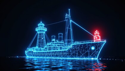 Fototapeta premium A digitally rendered ship, outlined in vibrant blue and red neon light, with a lighthouse on its bow, floating on dark waters.