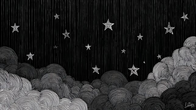 starry night cloudscape etched lines