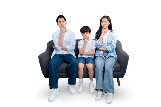 A thoughtful family sitting on a couch, each with a hand to their chin, deep in thought. The family poses thoughtfully on PNG 
