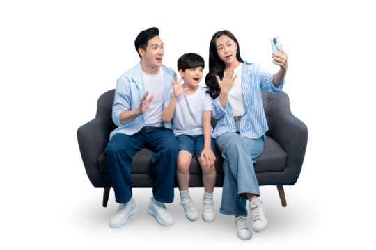 Happy family waving during a video call. The parents and child are sitting on a sofa, creating a feeling of togetherness and connection on PNG 