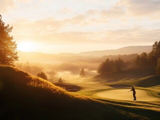 Golfer swings at sunrise on a misty morning at a lush green golf course in the countryside