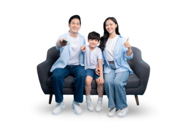 Happy family spending time together on a comfy couch, enjoying time together. Father is holding TV remote, mother is doing thumb up, son in the middle and happy with them on PNG 
