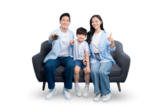 Happy family spending time together on a comfy couch, enjoying time together. Father is holding TV remote, mother is doing thumb up, son in the middle and happy with them on PNG  - Powered by Adobe