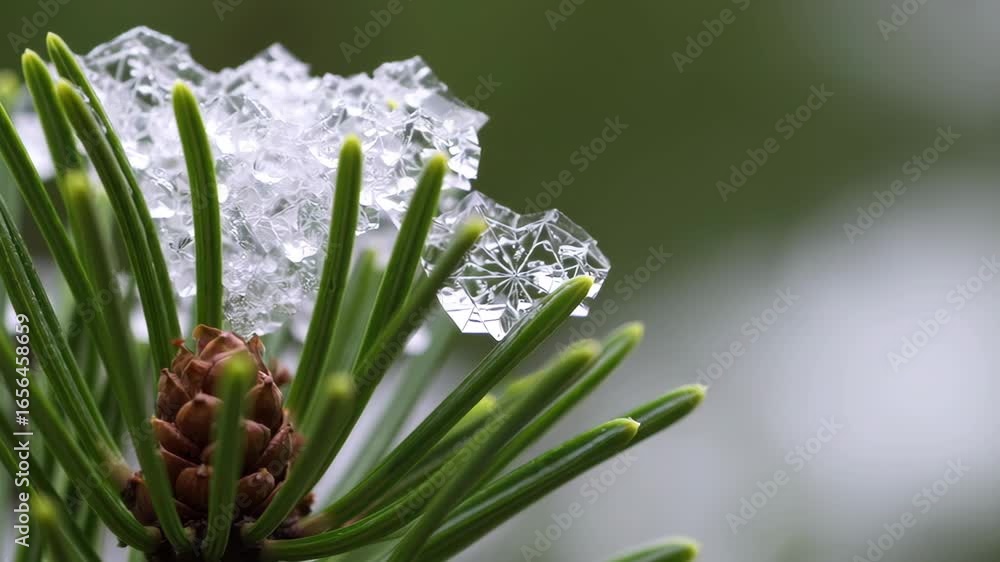 Poster closeup of delicate snowflakes resting on pine needles, capturing the intricate patterns of winter w
