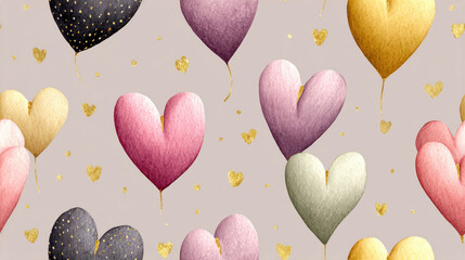 Seamless vintge heart, Delicate vintage-style hearts with minimalist gold design for artistic use.