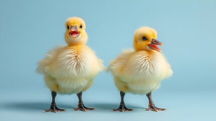 Fototapeta premium two bright yellow ducklings standing against a light blue background
