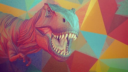 Roaring T rex head torso in abstract scene with wireframe overlay, sharp teeth, geometric triangles