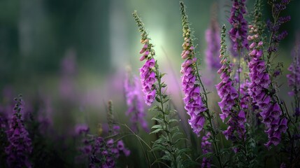 Obraz premium Majestic purple foxgloves in misty forest, showcasing vibrant blooms in soft light
