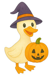 Funny halloween duck wearing witch hat holding pumpkin with carved face smiling happily