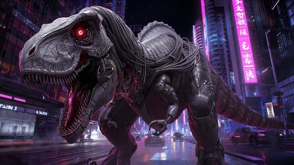 Striding mechanical Tyrannosaurus rex prowling neon-lit street with Asian signs and parked cars
