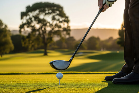 Golfer preparing to swing at a golf ball on tee - Powered by Adobe