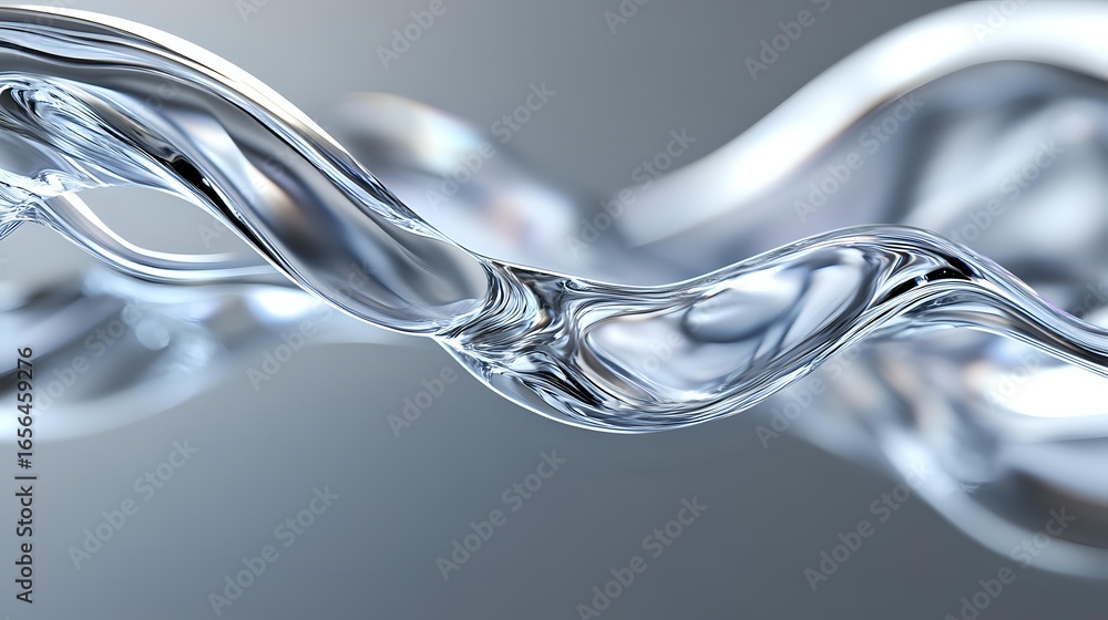 Poster flowing liquid metal wave with smooth curves and reflective surface creates dynamic abstract composi