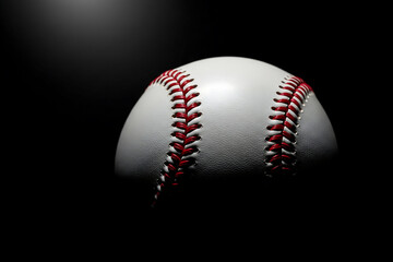Close up of a baseball with red stitching