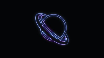 Ringed Planet Icon Neon Seamless Loop 4K Black Background Animated Promotional Typography for Video Editing