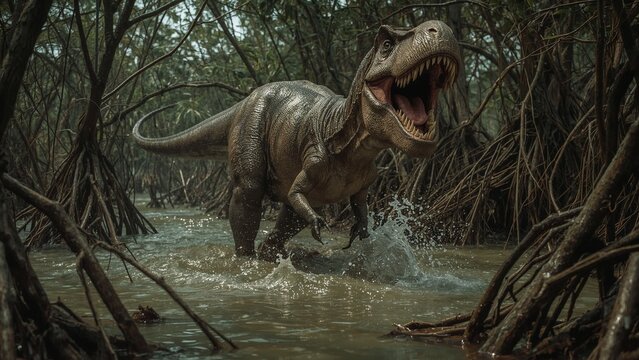 Striding Tyrannosaurus rex splashing through swamp forest water, with gnarled roots, twisted trunks