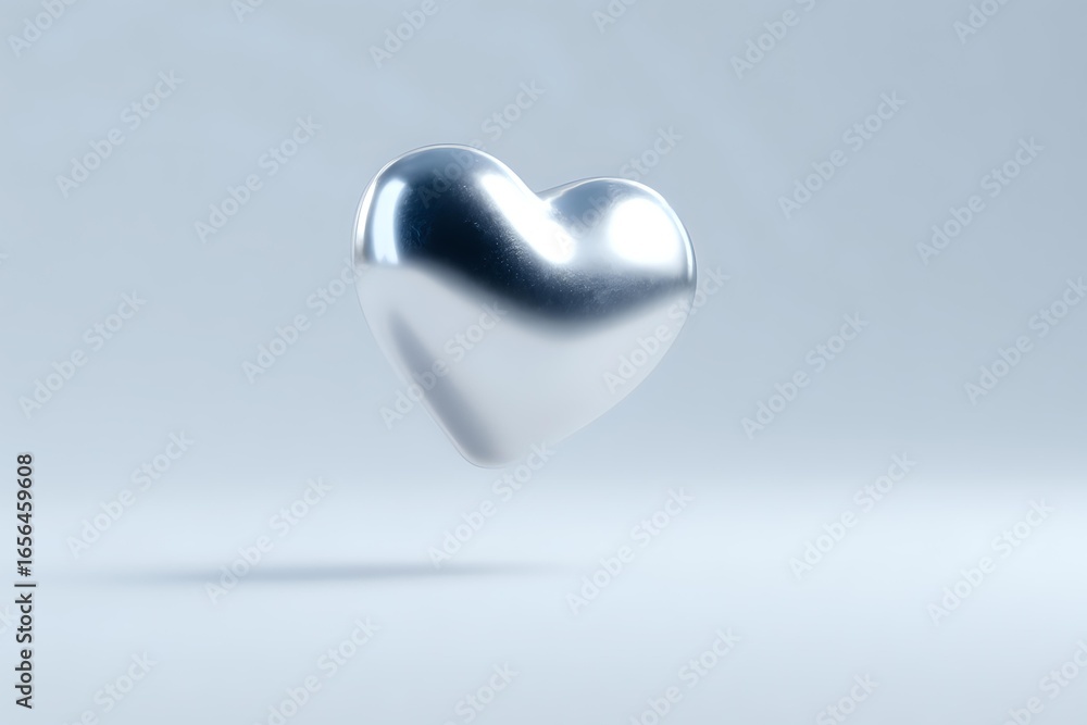Poster metallic silver heart floating in soft light against neutral background, creating romantic minimalis