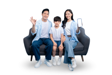 A happy family of three seated together while presenting a mobile phone with a blank screen. The parents and child are all smiling, conveying happiness and contentment on PNG 