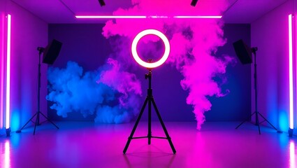 A ring light stands in the middle of the studio room with neon lighting.