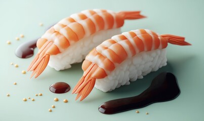Isometric sushi nigiri with shrimp and soy sauce, Japanese fine dining, 3D icon set