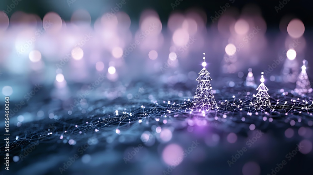 Poster glowing christmas trees made of light dots and lines on dark background with bokeh effect and magica