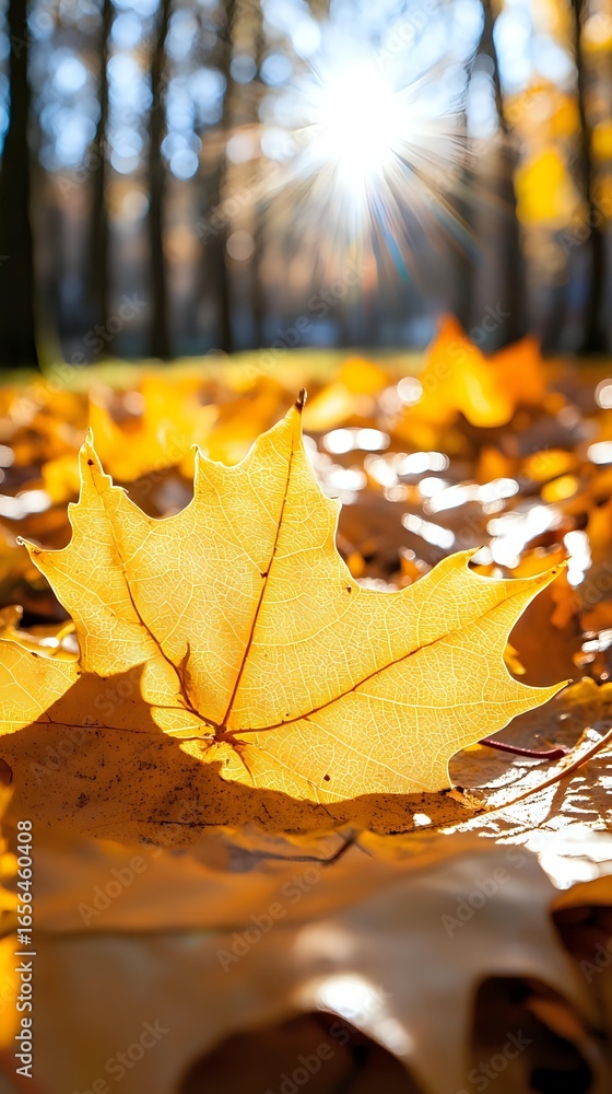 Poster bright yellow maple leaf on forest ground with sunburst through trees creating magical autumn atmosp