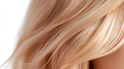 Naklejka premium Soft flowing blonde hair strands in gentle motion against light background, showcasing natural shine and smooth texture for beauty and haircare advertising.