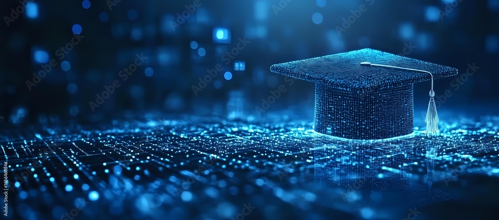 Poster digital graduation cap floating over glowing technology grid with blue bokeh lights, representing on