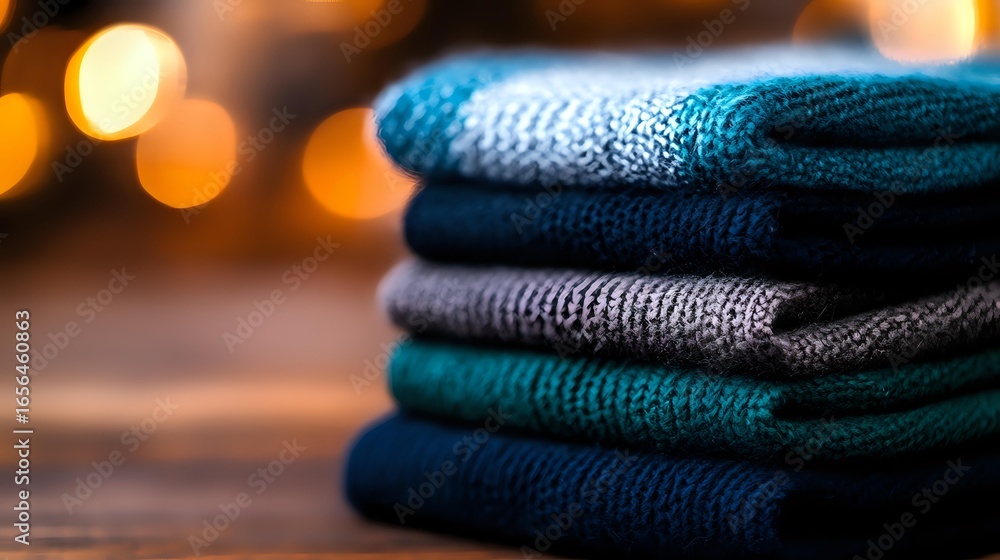 Poster stack of folded warm knitted sweaters and pullovers in blue and gray tones on wooden surface with bl