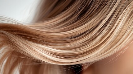 Naklejka premium Smooth flowing blonde hair strands with gentle waves and highlights creating elegant motion effect against dark background, showcasing professional hair styling and beauty.