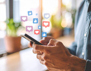 Person using smartphone with social media reaction icons floating above.
