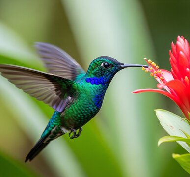 Vibrant Hummingbird in Flight Feeding from a Red Tropical Flower