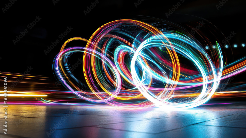 Poster vibrant light trails create dynamic patterns dark environment, showcasing creativity and movement. c