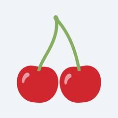 Two red cherries with green stems on a light background.