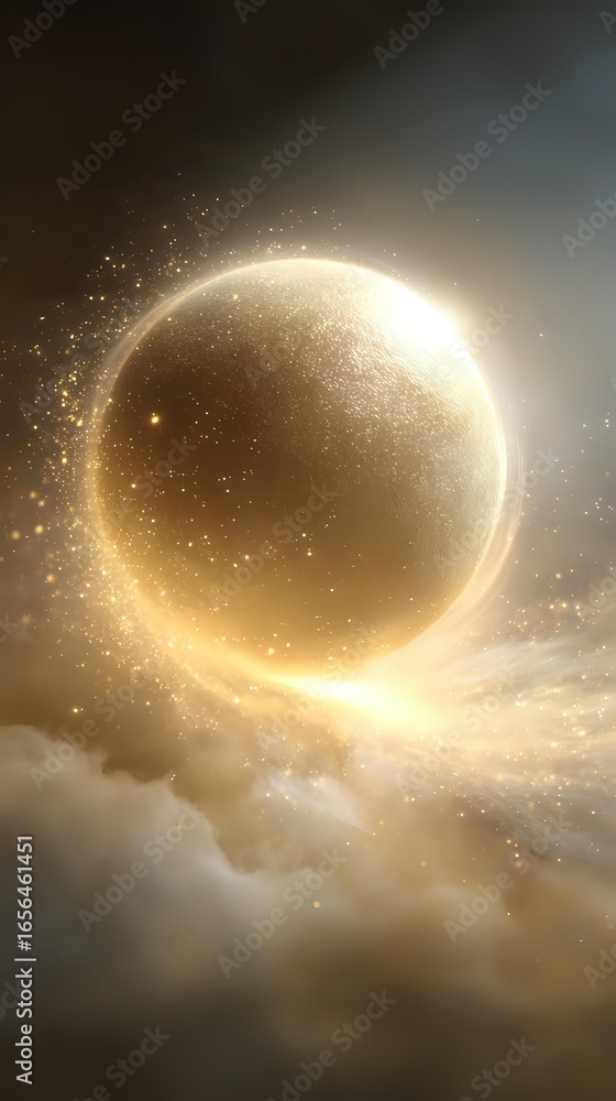 Poster glowing golden sphere floating above mystical clouds with sparkling particles and light rays creatin