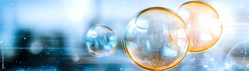 Poster ethereal soap bubbles floating against blurred blue background with sunlight creating magical rainbo