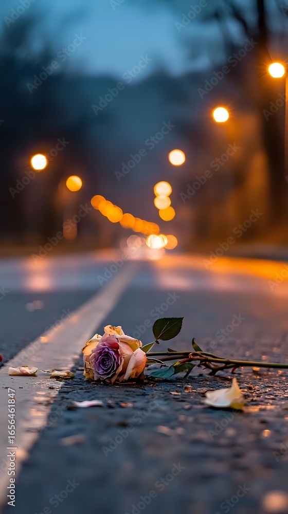 Poster single rose lying on empty street at dusk with glowing bokeh lights creating romantic melancholic at