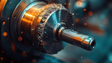 Industrial metalworking machine in action. Splashes of metal chips and fluids