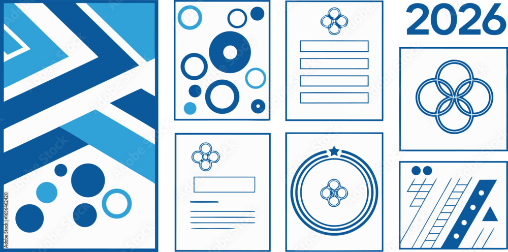 Poster Vector art of modern geometric pattern design with circles and lines isolated on white background