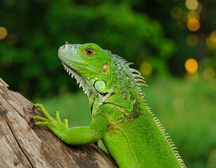 Fototapeta premium Close-up of a vibrant green iguana on a log.
