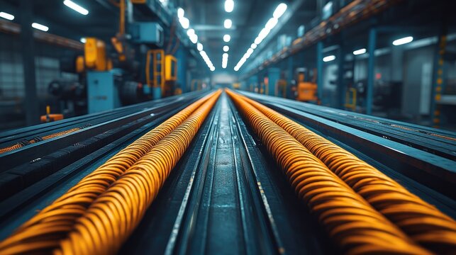 Industrial metal processing.  Conveyor belts with orange tubes