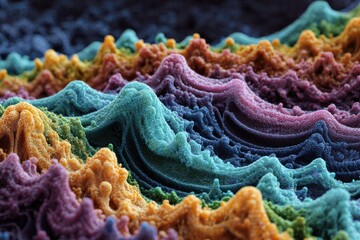 Fototapeta premium Vibrant Colorful 3D Wave Pattern Abstract Art in Tones of Blue, Green, Orange, Purple, Yellow, and Red for Backgrounds and Textures