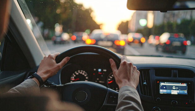 Point-of-view shot from inside a car navigating through heavy city traffic at sunset. Driver&rsquo;s hands on the steering wheel, with warm evening light illuminating the urban streets, capturing a realisti