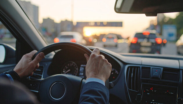 POV of driver navigating city streets at night, hands on wheel, high-speed car interior